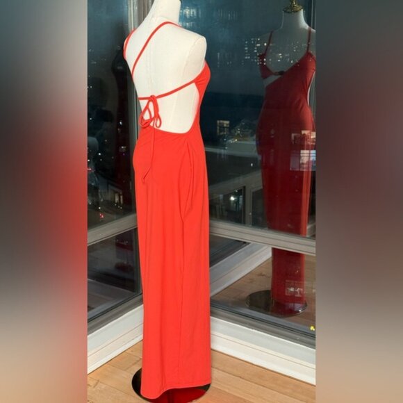 🆕 CHRISTOPHER ESBER 🧿 Crystal Cutaway Lycra Maxi Dress, Red/Orange, Sz AU8 US4 - Picture 6 of 16